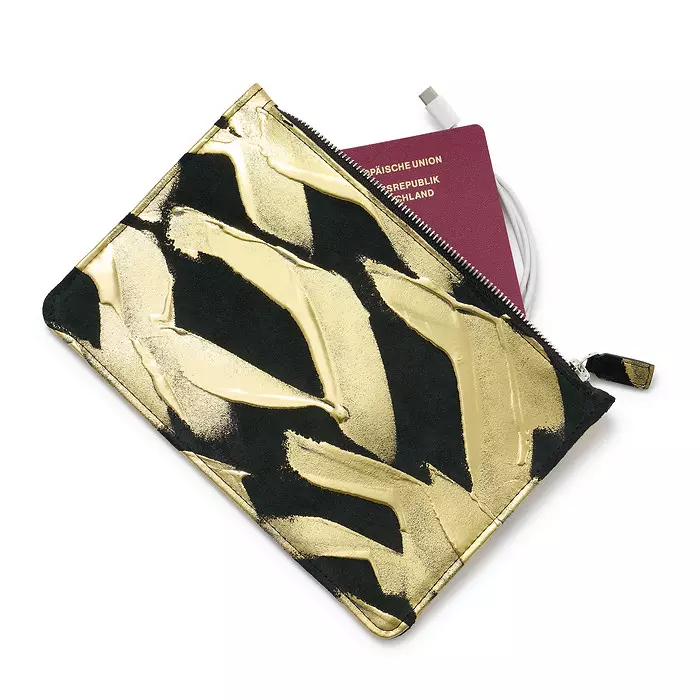 Pouch mit Zip, Leder, Schwarzgold