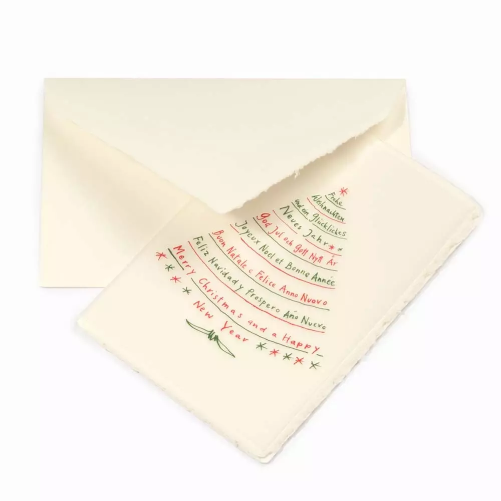 Weihnachtskarte Textbaum Grün/Rot Bütten