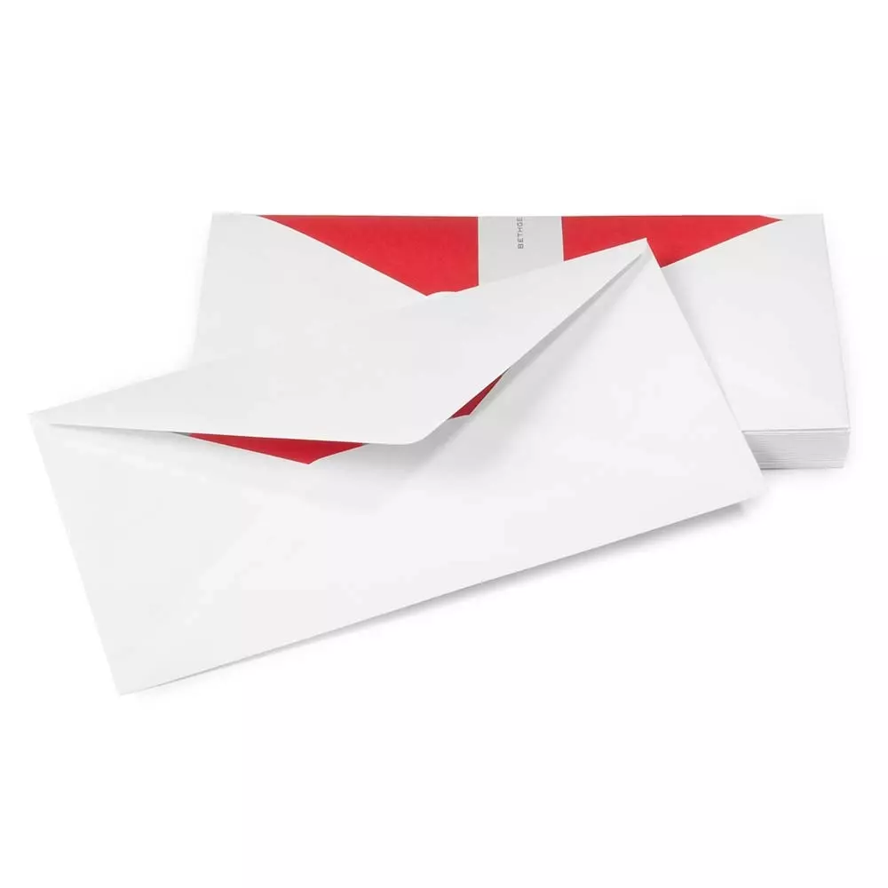 25 long DIN envelopes, Smooth White, red silk lining