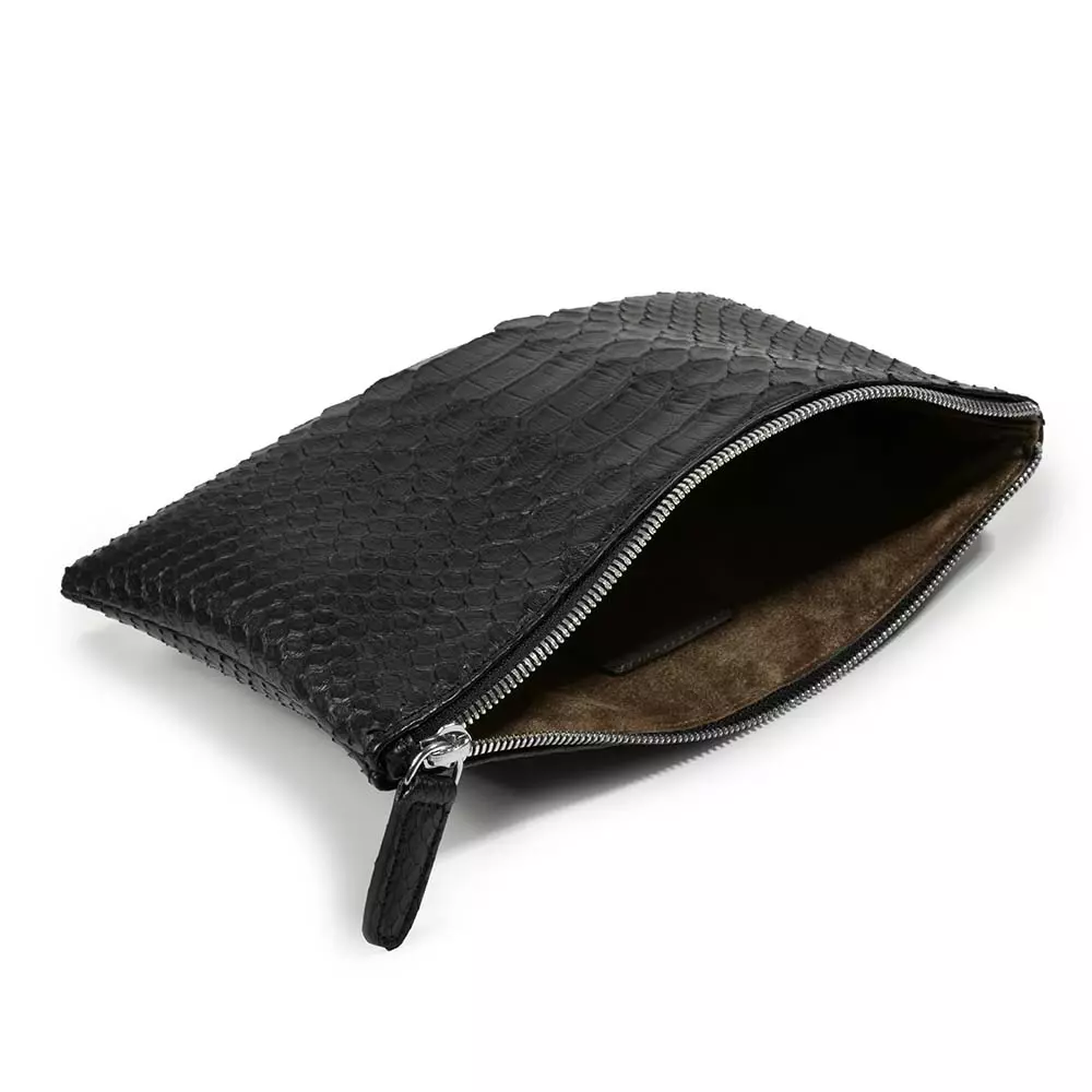 Kleine Pouch mit Zip, Pythonleder, Schwarz-Weiß