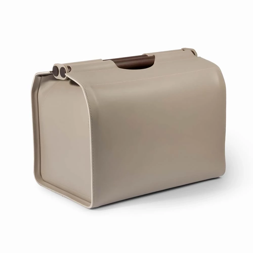 Leder Kaminholzkorb Palisandergriff Taupe